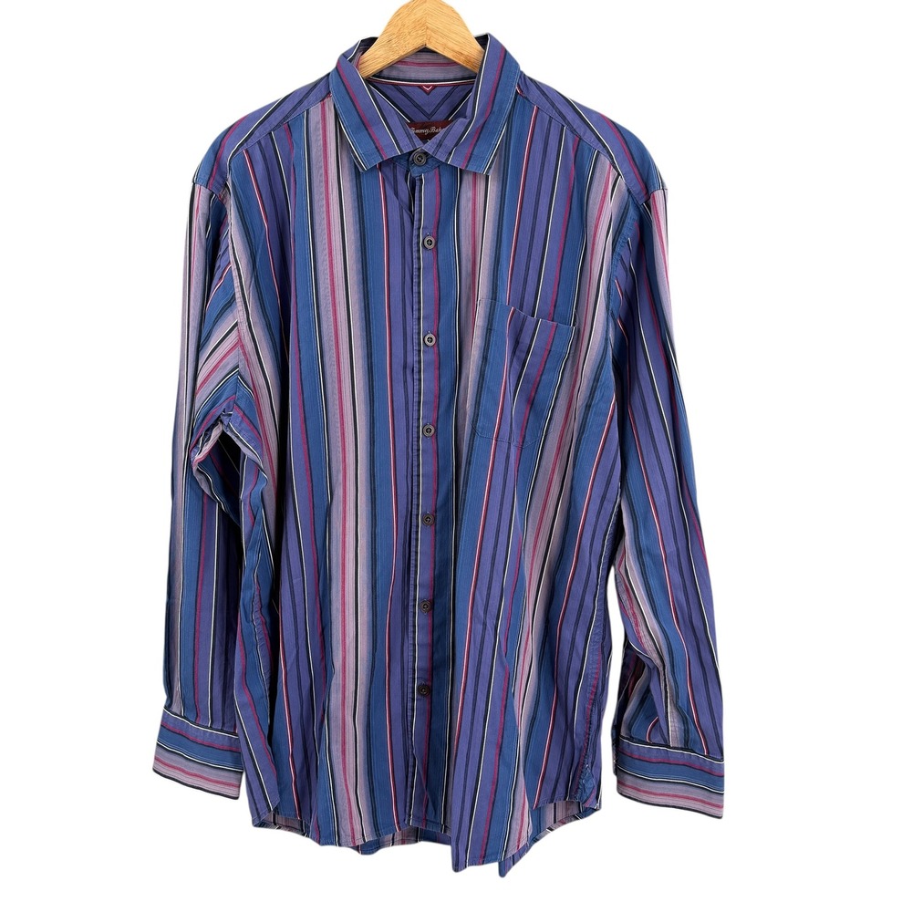 Tommy Bahama Button‎ Down Mens Large Blue Striped Cotton Silk Long Sleeve